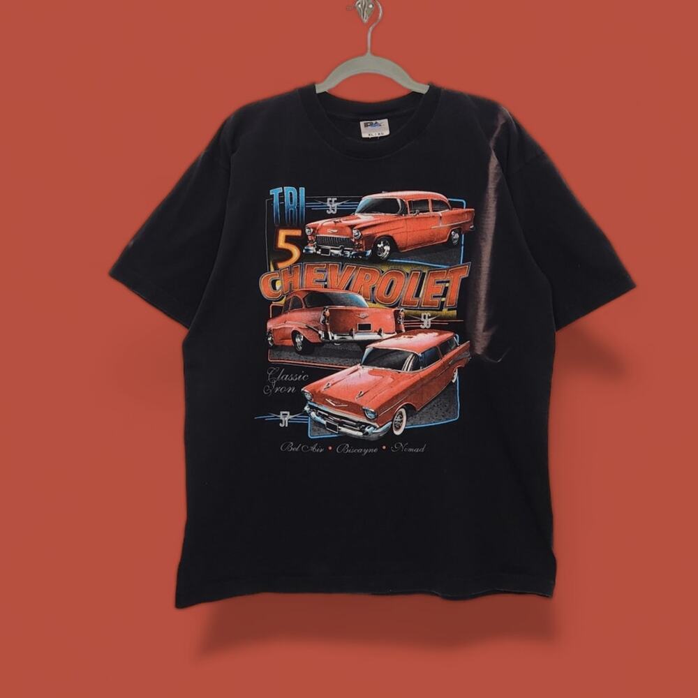 Vintage Tri 5s Chevy Chevrolet Car Auto Shirt XL 90s Faded Black VTG